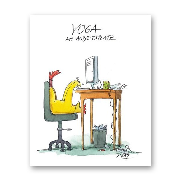 Peter Gaymann, Yoga am Arbeitsplatz (Schreibtisch, Verrenkungen, Sport, Yoga, Karikatur, Cartoon, Comic, witzig, lustig, Treppenhaus, Wohnzimmer, Grafik, bunt)