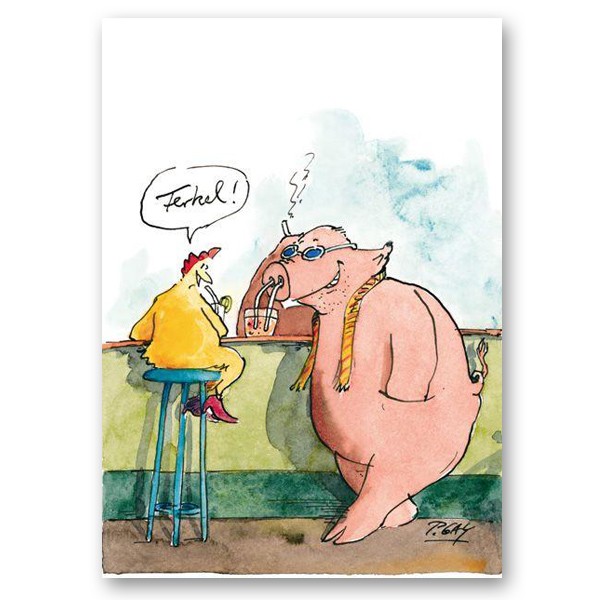 Peter Gaymann, Ferkel (Tresen, Barhocker, Huhn, Schwein, Karikatur, Cartoon, Comic, witzig, lustig, Treppenhaus, Wohnzimmer, Bar, Bistro, Kneipe, Grafik, bunt)