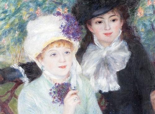 Pierre-Auguste Renoir, Nach dem Mittagessen (La fin du Déjeuner). Detail. 1879 (siehe auch Bildnummer 4910) (Detail, Ausschnitt, Garten,   Personen, junge Frauen, hüte, Eleganz, Gesellschaft, Impressionismus, klassische Moderne, Wunschgröße, Wohnzimmer, Malerei)