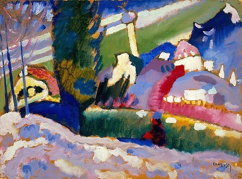 Wassily Kandinsky, Winterlandschaft mit Kirche. 1910-11 (Kandinsky,Wassily,1866-1944,New York,S. Guggenheim-Museum,20. Jahrhundert,Der Blaue Reiter,Öl auf Karton,Wassily Kandinsky,Blauer Reiter,Landschaft,Winter,Schnee,Kirchturm,farbenfroh,bunt)