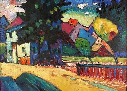 Wassily Kandinsky, Murnau - Landschaft mit grünem Haus. 1909 (Kandinsky,Wassily,1866-1944,Öl auf Pappe,Privatbesitz,20. Jahrhundert,Der Blaue Reiter,Kandinsky,Wassily Kandinsky,Expressionismus,Häuser,Stadtansicht,Farben,bunt,farbenfroh,Murnau,Frühwerk,fröhlich,optimistisch,heiter)