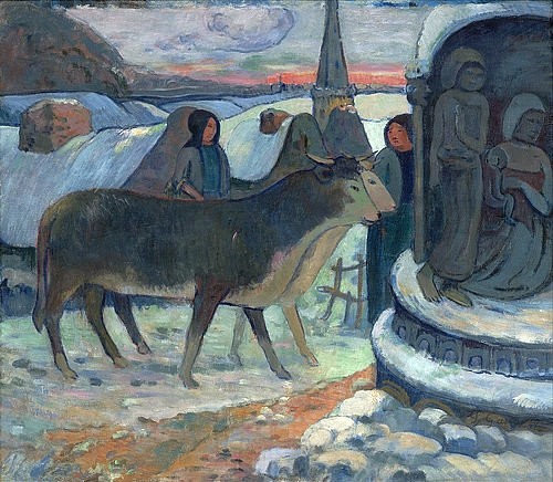 Paul Gauguin, Die Heilige Nacht (Die Segnung der Ochsen). 1902-03 (Gauguin,Paul,1848-1903,Öl auf Leinwand,20. Jahrhundert,Indianapolis Museum of Art,Paul Gauguin,Brauchtum,Volkskunde,Rind,Rinder,Schnee,Vieh,Bretagne,Winter,Heilige Nacht,Tiere,Nutztiere,Brauch)