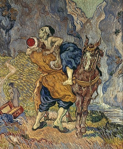 Vincent van Gogh, Der barmherzige Samariter (nach Delacroix). 1890 (Religion, Neues Testament, Samariter, Nächstenliebe, Hilfe, Mitleid, Esel, Mitgefühl, Barmherzigkeit, Parabel, Klassische Moderne, Impressionismus, Wohnzimmer, Treppenhaus, Wunschgröße, bunt)