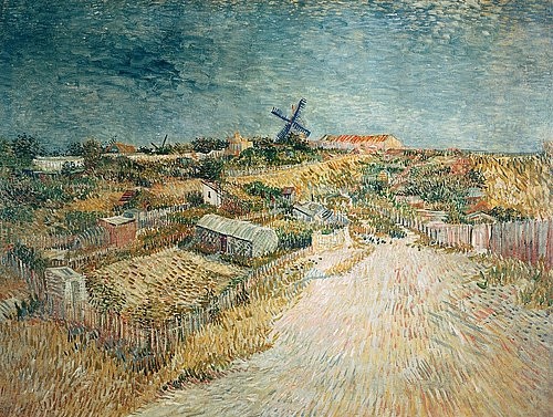 Vincent van Gogh, Gemüsegärten auf dem Montmartre. (Montmartre, Landschaft, Gemüsegarten, Paris, Mühle, Windmühle, Kleingärten, Horizont, Klassische Moderne, Impressionismus, Wohnzimmer, Treppenhaus, Wunschgröße, bunt)