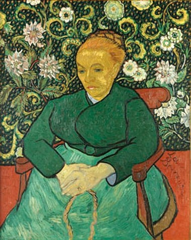 Vincent van Gogh, Frau an der Wiege (La Berceuse). 1889. (Frau, Portrait, sitzende, Menschen, Blumentapete, Klassische Moderne, Impressionismus, Wohnzimmer, Treppenhaus, Wunschgröße, bunt)