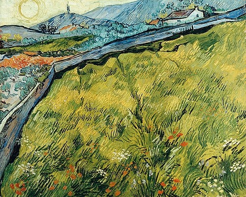 Vincent van Gogh, Saatfeld bei Sonnenaufgang. 1890. (Landschaft, Felder, Sommer, Mauer, Sonnenaufgang, Hügel, Wiese, Klassische Moderne, Impressionismus, Wohnzimmer, Treppenhaus, Wunschgröße, bunt)