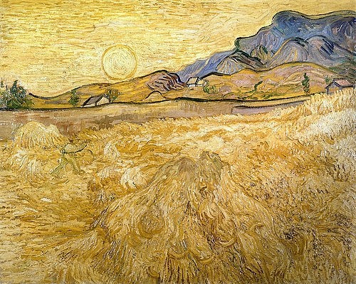 Vincent van Gogh, Umfriedetes Weizenfeld mit Schnitter. 1889. (Gogh,Vincent van,1853-1890,Otterlo,Museum Kröller-Müller,Felder,Sonne,Ernten,Gogh, Vincent van 1853-1890,gelb)