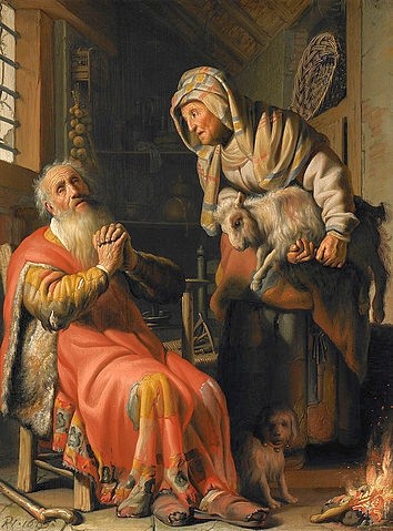 Rembrandt van Rijn, Tobit beschuldigt Anna. 1626 (Rembrandt van Rijn,1606-1669,Amsterdam,Rijksmuseum,Öl auf Holz,17. Jahrhundert,Christliche Kunst,Altes Testament,Rembrandt van Rhijn,Paar,alt,Feuer,Ziege,blind,Tobit,Anna,Jude,jüdisch,Blindheit,Greis,Ehefrau,Feuerstelle,beten)