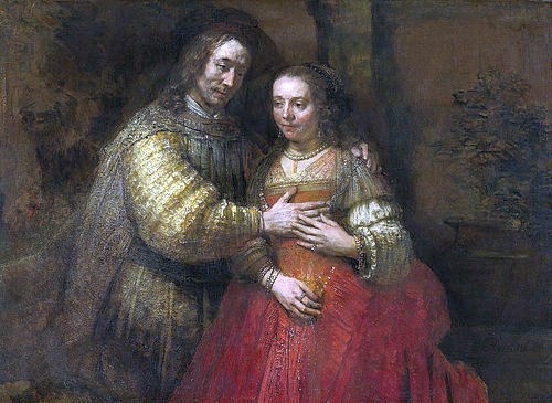 Rembrandt van Rijn, Isaak und Rebekka, Die Judenbraut. Um 1665-69 (Barock,Goldenes Zeitalter,Altes Testament,Christliche Kunst,Portrait,17. Jahrhundert,Öl auf Leinwand,Amsterdam,Rijksmuseum,1606-1669,Rembrandt van Rijn,Rembrandt van Rijn,historisierend,Kostüme,Paar,zärtlich umarmen Umarmung Goldenes Zeitalter Brust,Isaak)