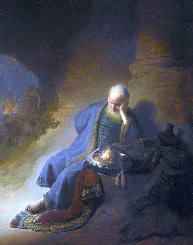 Rembrandt van Rijn, Jeremias, über die Zerstörung Jerusalems trauernd. 1630 (Rembrandt van Rijn,1606-1669,Amsterdam,Rijksmuseum,Öl auf Holz,17. Jahrhundert,Rembrandt van Rijn,niedergeschlagen,biblisch,Prophet,Jeremias,Kopf aufstützen,brennen,Zerstörung,Jerusalem,müde,vorhersehen,Vorhersage,Erschöpfung)