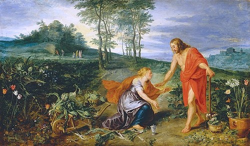 Peter Paul Rubens, Christus erscheint Maria Magdalena am Ostermorgen (Noli me tangere). Um 1626 (Rubens,Peter Paul,1577-1640,Bremen,Kunsthalle,Öl auf Holz,17. Jahrhundert,Barock,Christliche Kunst,28195 Bremen,zusammen mit Jan Brueghel d.J.,Peter Paul Rubens,Jan Brueghel,Noli me tangere,Erscheinung,Jesus Christus, Christi als Gärtner vor Magdalena,Mar)