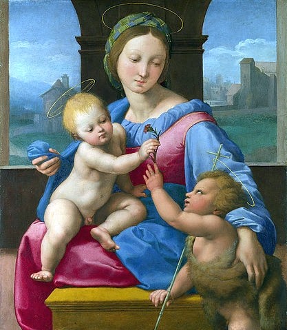 Raffael (Raffaello Sanzio), Madonna mit Kind und dem Johannesknaben (Garvagh Madonna). Um 1509-10 (London,National Gallery,Raffael (Raffaello Sanzio),1483-1520,Öl auf Holz,16. Jahrhundert,Renaissance,Christliche Kunst,Neues Testament,Raffael,Aldobrandini Madonna,Garvagh Madonna,Maria,Madonna,Christuskind,Jesus Christus,Johannes der Täufer,Knaben,Nelke,)