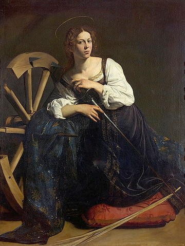 Michelangelo Merisi da Caravaggio, Heilige Katharina von Alexandrien. Um 1598-99 (Heilige, Märtyrerin, Palmblatt, Christentum, Attribut, Rad, Rädern, Folter, Religion, Hell-Dunkel, Barock, Klassiker, Malerei, Wunschgröße, Wohnzimmer)