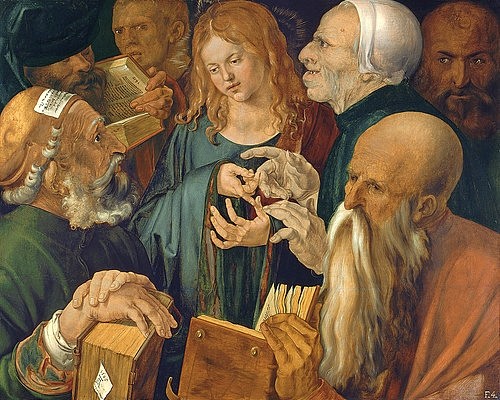 Albrecht Dürer, Jesus zwischen den Schriftgelehrten. 1506 (Christliche Kunst,Neues Testament,deutsche,Renaissance,16. Jahrhundert,Öl auf Holz,Madrid,Thyssen-Bornemisza,1471-1528,Dürer,Albrecht,Dürer, Albrecht,Zettel,Köpfe,Gruppe,Buch,Geste,zeigen,Hände,aufzählen,argumentieren,Alte,Greis,alt,Männer,Gelehrte,Schrif)