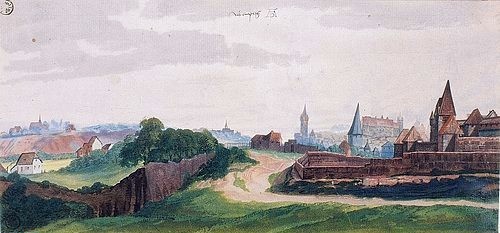 Albrecht Dürer, Der Westen Nürnbergs, von Süden gesehen ? Ansicht von Nürnberg, von der Hallerwiese am Ausfluß der Pegnitz aus aufgenommen. Um 1495/96. Aufnahme einer Lichtbildreproduktion. (Dürer,Albrecht,1471-1528,15. Jahrhundert,Renaissance,deutsche,Aquarell und Deckfarben,Kriegsverlust,Standort unbekannt,Veröffentlichung nur mit zusätzlichem Hinweis: Kriegsverlust,Standort unbekannt,Aufnahme einer Lichtbildreproduktion,nürnberg,franken,hi)