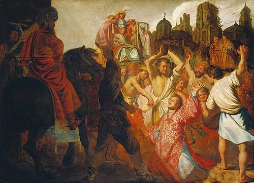 Rembrandt van Rijn, Die Steinigung des hl. Stephan. 1625 (Rembrandt van Rijn,1606-1669,Lyon,Musée des Beaux-Arts,Öl auf Holz,17. Jahrhundert,Barock,Heiliger Stephan,Heilige,Martyrium,Rembrandt van Rijn 1606-1669,Märtyrer,steinigen,Frevler,Gotteslästerer,Stein)