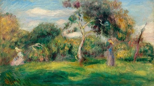 Pierre-Auguste Renoir, Pré, arbres et femmes. Um 1899 (Landschaft, Landschaftsmalerei, Garten, bäume, Sommer, Frau, Garten, Idylle, Impressionismus, klassische Moderne, Wunschgröße, Wohnzimmer, Malerei)