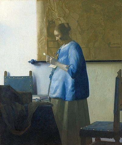 Jan Vermeer van Delft, Die Briefleserin. Um 1663 (Amsterdam,Rijksmuseum,Vermeer van Delft,Jan,1632-1675,Öl auf Leinwand,17. Jahrhundert,Brief,Frau,Erdkarte,Stuhl,Vermeer,Gemälde)