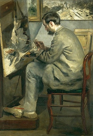 Pierre-Auguste Renoir, Bildnis von Frédéric Bazille, während er an ""Le héron aux ailes déployées"" malt. 1867"" (Staffelei, Frederic Bazille, Maler, Künstler, Interieur, Atelier, Impressionismus, klassische Moderne, Wunschgröße, Wohnzimmer, Malerei)