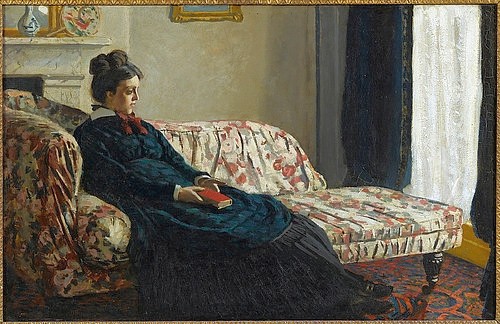 Claude Monet, Meditation. Madame Monet auf einem Canapé, Camille Doncieux, erste Frau des Malers. Um 1871 (Monet,Claude,1840-1926,Paris,Musée d'Orsay,Öl auf Leinwand,19. Jahrhundert,Portrait,Impressionismus,französischer,Claude Monet,Madame Monet,Frau,Sofa,sitzen,Buch,ausruhen,relaxen,zu Hause,lesen,Canape,Muster,Wohnzimmer,bürgerlich)