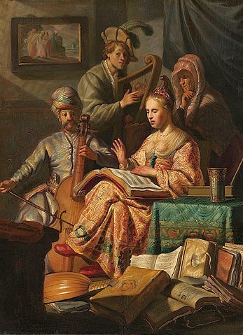 Rembrandt van Rijn, Musizierende Gesellschaft. 1626 (Rembrandt van Rijn,1606-1669,Amsterdam,Rijksmuseum,Öl auf Holz,17. Jahrhundert,Barock,niederländisch,Rembrandt Harmensz. van Rijn,singen,musizieren,Verführung,sinnlich,Frau,Frauen,alte,rote Schuhe,Warnung gegen unmoralisches Verhalten,Harfe,Mann,Männer,Ce)
