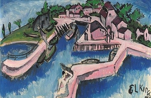 Ernst Ludwig Kirchner, Bootshafen auf Fehmarn. 1913. (Kirchner,Ernst Ludwig,1880-1938,20. Jahrhundert,Expressionismus,Stadtansicht,Die Brücke,Kunsthalle Bremen,hafen,insel,ostsee,expressionistisch,vogelperspektive,häuser.kaimauer,deutsch,deutschland)