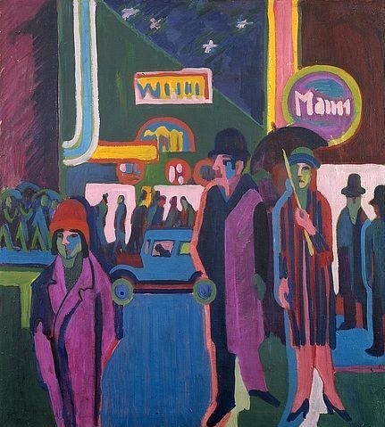 Ernst Ludwig Kirchner, Straßenszene bei Nacht. 1925. (Öl auf Leinwand,Kirchner,Ernst Ludwig,1880-1938,Kunsthalle Bremen,Stadtansicht,Expressionismus,20. Jahrhundert,zwanziger jahre,straße,passanten,nachts,nachtleben,reklame,frau,mann,schirm,menschen,leuchtreklame,auto,deutsch,deustchland)
