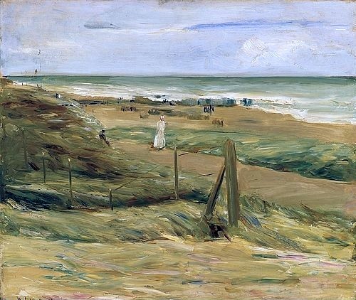 Max Liebermann, Promenade in den Dünen bei Noordwijk. 1908 (Landschaft,Küste,Öl auf Holz,parkettiert,Impressionismus,deutscher,20. Jahrhundert,Liebermann,Max,1847-1935,Kunsthalle Bremen,strand,nordsee,nordseeküste,holland,niederlande,meer,spaziergänger,düne,strandhafer)