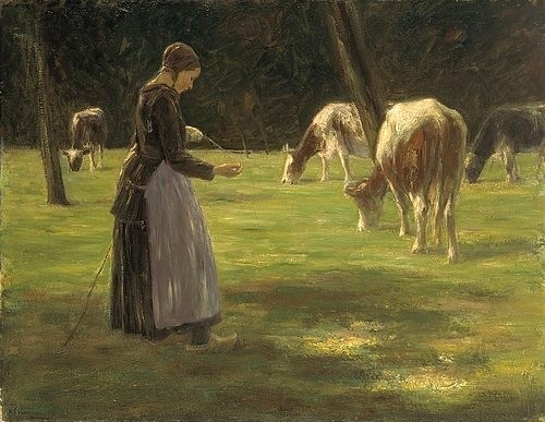 Max Liebermann, Kuhhirtin. 1890-192. (Liebermann,Max,1847-1935,Öl auf Leinwand,19. Jahrhundert,Impressionismus,deutscher,Kunsthalle Bremen,hirtin,weide,kühe,vieh,frau,sonnelicht,sonnenschein,sonnig,schtatten,weidend,verträumt,deutsch)