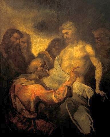 Jean-François Millet, Der ungläubige Thomas. Um 1847/48. (Religion,Christentum,Christliche Kunst,Neues Testament,Schule von Barbizon,Kunsthalle Bremen,französischer,Realismus,19. Jahrhundert,Öl auf Leinwand,1814-1875,Millet,Jean-François,jesus christus,auferstehung,auferstanden,wunde,prüfen,glauben,skeptiker)