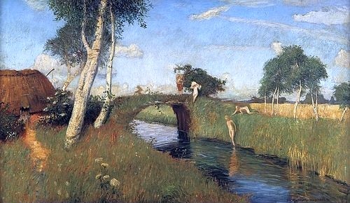 Otto Modersohn, Sommer am Moorkanal. 1896 (Moorkanal, ländlich, Birken, Kinder, Badende, Sommer, Brücke, Norddeutschland, Landschaft, Landschaftsmalerei,  Künstlerkolonie Worpswede, Klassische Moderne,   Wohnzimmer, Treppenhaus, Wunschgröße)