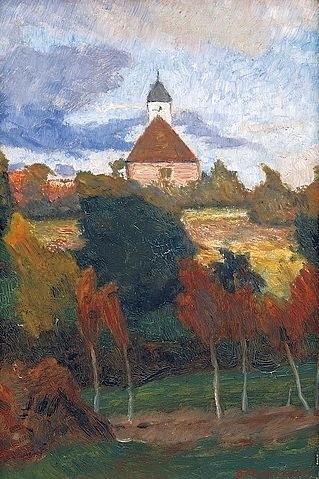 Otto Modersohn, Blick auf die Worpsweder Kirche. Um 1895. (Worpswede, Dorf, Kirche, Bäume, Landschaft, Landschaftsmalerei,  Künstlerkolonie Worpswede, Klassische Moderne,   Wohnzimmer, Treppenhaus, Wunschgröße)