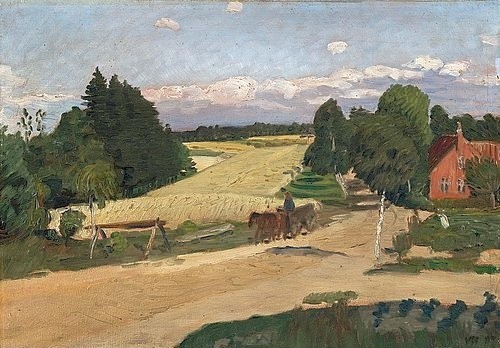 Otto Modersohn, Felder im Sommer. 1897. (Felder, Bäume, Idylle, Landschaft, Landschaftsmalerei,  Künstlerkolonie Worpswede, Klassische Moderne,   Wohnzimmer, Treppenhaus, Wunschgröße)