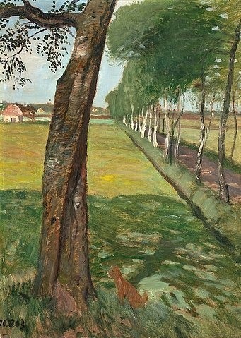 Otto Modersohn, Birkenallee mit Katze. 26.5.1903. (Bäume, Birken, Allee, Norddeutschland, Idylle, Katze, Landschaft, Landschaftsmalerei,  Künstlerkolonie Worpswede, Klassische Moderne,   Wohnzimmer, Treppenhaus, Wunschgröße)