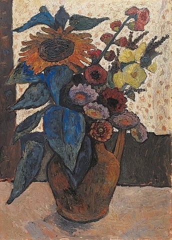Paula Modersohn-Becker, Stilleben mit Blumen. 1907. (Modersohn-Becker,Paula,1876-1907,Tempera auf Leinwand,20. Jahrhundert,Kunsthalle Bremen,Künstlerkolonie Worpswede,blumenstrauß,vase,blüten,blühen)