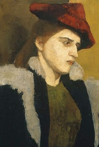 Paula Modersohn-Becker, Bildnis einer jungen Frau mit rotem Hut. 1900. (Modersohn-Becker,Paula,1876-1907,Öl auf Pappe,19. Jahrhundert,20. Jahrhundert,Kunsthalle Bremen,auf Holz,Künstlerkolonie Worpswede,frau,porträt,halbprofil,mantel,ernst,nachdenklich)
