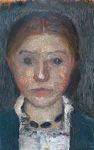 Paula Modersohn-Becker, Selbstbildnis mit Kette. Um 1903. (Modersohn-Becker,Paula,1876-1907,Öl auf Pappe,20. Jahrhundert,Kunsthalle Bremen,Künstlerkolonie Worpswede,junge frau,porträt,künstlerporträt,halskette,ernst,selbstporträt)