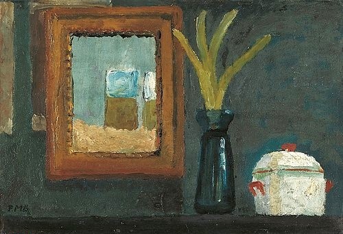 Paula Modersohn-Becker, Stillleben mit Zuckerdose und Hyazinthe im Glas. Um 1905. (Öl auf Pappe,auf Holz,Künstlerkolonie Worpswede,Kunsthalle Bremen,20. Jahrhundert,1876-1907,Modersohn-Becker,Paula,stilleben,spiegel,bild,pflanze)