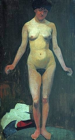 Paula Modersohn-Becker, Stehender weiblicher Akt, frontal, die Arme abgewinkelt. 1900. (Künstlerkolonie Worpswede,20. Jahrhundert,19. Jahrhundert,Modersohn-Becker,Paula,1876-1907,Kunsthalle Bremen,frau,nackt,stehend,weiblicher körper,pose,posieren)