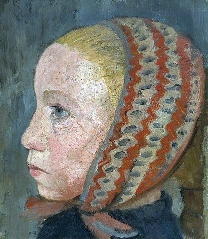 Paula Modersohn-Becker, Mädchenkopf mit gestreifter Mütze im Profil nach links. Um 1905. (Öl auf Leinwand,Künstlerkolonie Worpswede,20. Jahrhundert,Modersohn-Becker,Paula,1876-1907,Kunsthalle Bremen,porträt,kinderporträt,kind,profil,kopftuch,ernst)
