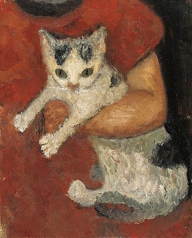 Paula Modersohn-Becker, Katze in einem Kinderarm. Um 1903. (20. Jahrhundert,Künstlerkolonie Worpswede,Kunsthalle Bremen,Öl auf Leinwand,1876-1907,Modersohn-Becker,Paula,junge katze,kätzchen,kind,auf dem arm,unter dem arm tragen)
