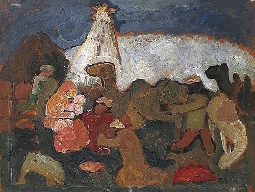 Paula Modersohn-Becker, Anbetung der Drei Könige. 1907. (Modersohn-Becker,Paula,1876-1907,Öl auf Pappe,Kunsthalle Bremen,geburt christi,heilige,jungfrau maria)