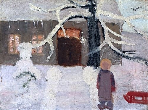 Paula Modersohn-Becker, Junge im Schnee. Um 1905. (Modersohn-Becker,Paula,1876-1907,Öl auf Leinwand,20. Jahrhundert,Kunsthalle Bremen,Künstlerkolonie Worpswede,winter,schlitten,kind,verschneit)