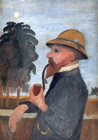 Paula Modersohn-Becker, Otto Modersohn mit Pfeife. Um 1907. (Modersohn-Becker,Paula,1876-1907,Kunsthalle Bremen,Tempera auf Pappe,auf Holz,mann,porträt,profil,hut,bart,pfeife,brille,künstler,abends,abend,landschaft,abendstimmung,spätwerk)