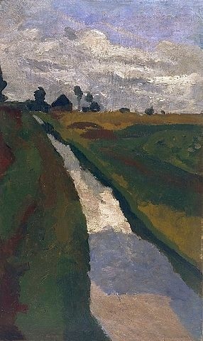 Paula Modersohn-Becker, Moorkanal. Um 1900. (Künstlerkolonie Worpswede,20. Jahrhundert,19. Jahrhundert,Öl auf Pappe,Modersohn-Becker,Paula,1876-1907,Kunsthalle Bremen,landschaft,norddeutschland,kanal,moor,wolken,wolkenhimmel,ländlich)