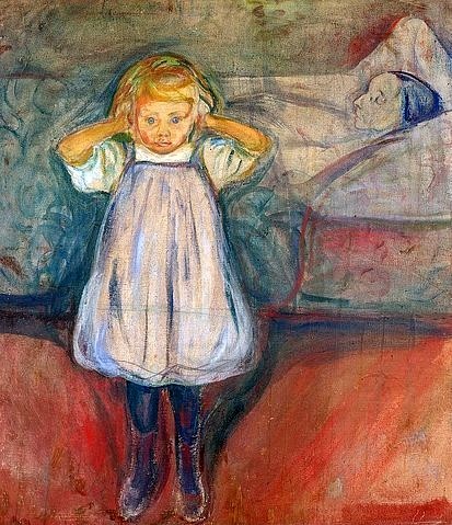 Edvard Munch, Die tote Mutter. 1899. (Öl auf Leinwand,20. Jahrhundert,19. Jahrhundert,Munch,Edvard,1863-1944,28195 Bremen,Kunsthalle Bremen - Der Kunstverein in Bremen.,Kunsthalle Bremen,kind,mädchen,tod,sterben,gestorben,sterbebett,ohren zuhalten,trauma,frau)