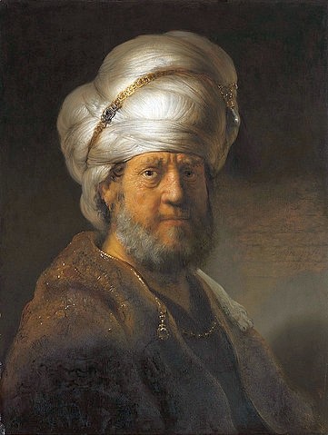 Rembrandt van Rijn, Mann in orientalischem Kostüm. 1635 (Rembrandt van Rijn,1606-1669,Amsterdam,Rijksmuseum,Öl auf Holz,17. Jahrhundert,Portrait,Barock,niederländisch,Rembrandt Harmensz. van Rijn,Mann,Turban,Licht,Gesicht,türkisch,tronies,Tronie,Bart,grau,Schmuck,Kostüm,Kostümierung,orientalisch,Orientale,Kopfb)