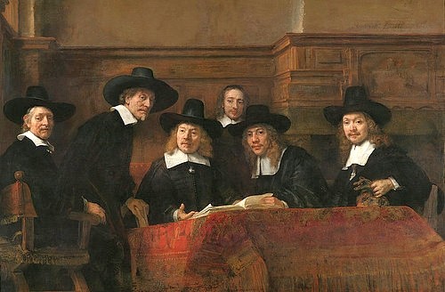 Rembrandt van Rijn, Porträt der Vorsteher der Tuchmacherzunft in Amsterdam. 1662 (Rembrandt van Rijn,1606-1669,Amsterdam,Rijksmuseum,Öl auf Leinwand,17. Jahrhundert,Portrait,Barock,niederländisch,Gruppenbildnis,Rembrandt Harmensz. van Rijn,Gruppenbildnis,Gruppenportrait,Syndics,lebensgroß,Vorsteher,Staalmeester,syndici,Handel,Händler,N)
