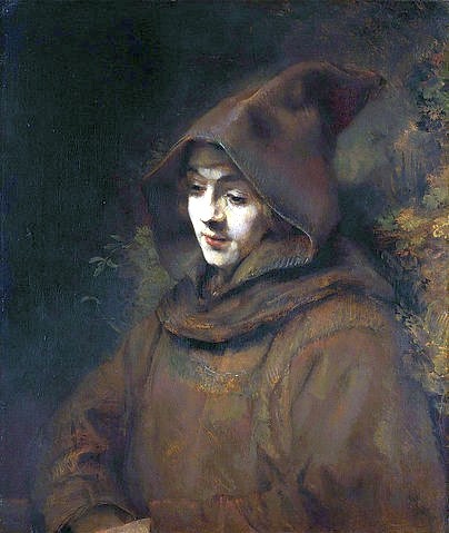 Rembrandt van Rijn, Rembrandts Sohn Titus im Franziskanerhabit. 1660 (Portrait,Barock,niederländisch,17. Jahrhundert,Rembrandt van Rijn,1606-1669,Öl auf Leinwand,Amsterdam,Rijksmuseum,Rembrandt Harmensz. van Rijn,Sohn,Jugendlich,Titus,nach unten blicken,Blick nach unten,Kapuze ruhig,Innenschau,Introspektion,alleine,Rückzug,)