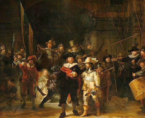 Rembrandt van Rijn, Die Kompanie des Kapitäns Frans Banninck Cocq, auch 'Die Nachtwache'. 1642 (Rembrandt van Rijn,1606-1669,Amsterdam,Rijksmuseum,Öl auf Leinwand,17. Jahrhundert,Portrait,Barock,niederländisch,Rembrandt Harmensz. van Rijn,Nachtwache,Gruppenbildnis,Gruppenbild,Amsterdamer Bürgerwehr,Frans Banning Cocq,Willem van Ruytenburch,Leutnant,)